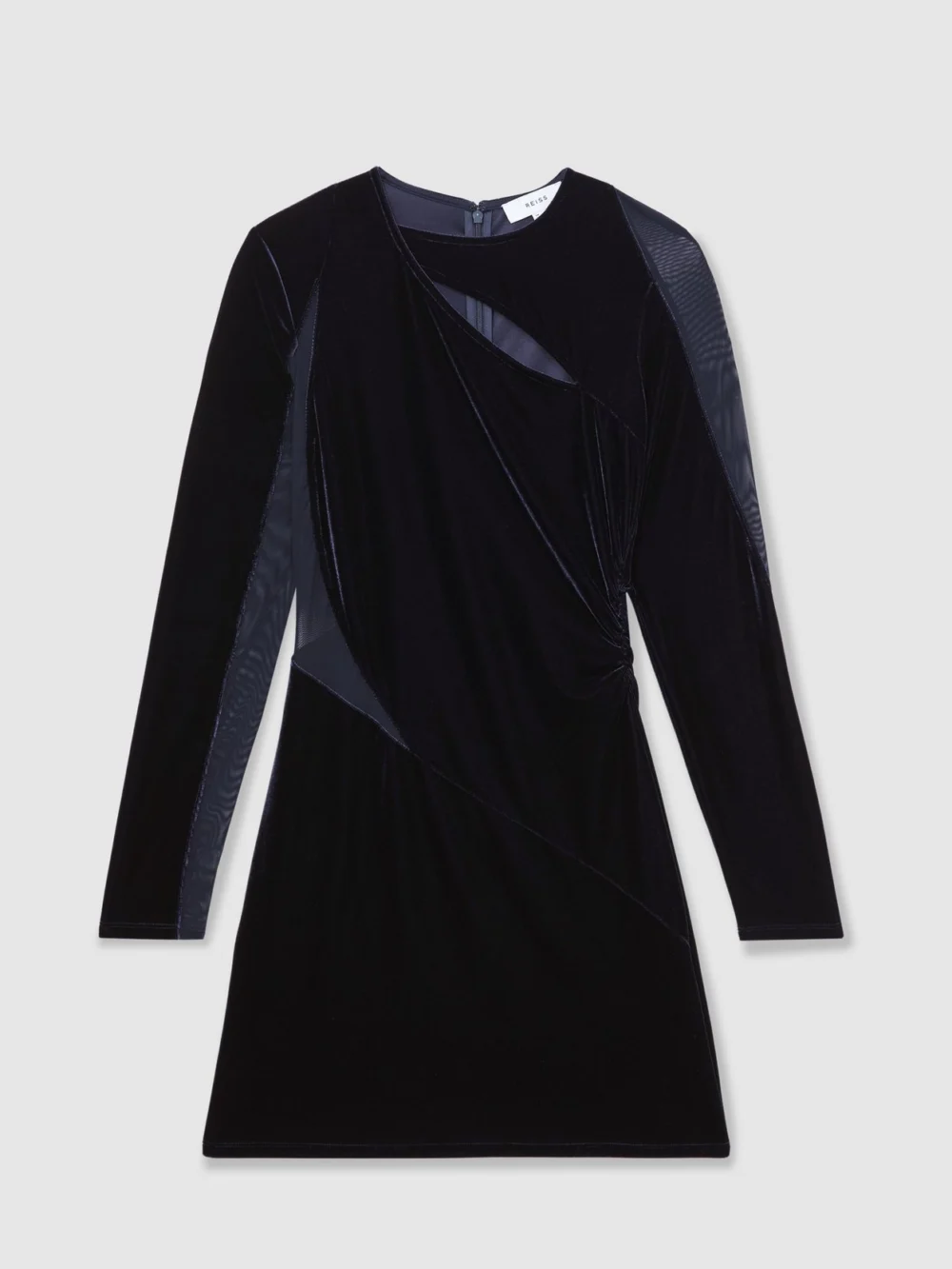 Reiss Navy Ruched Velvet Mesh Panel Mini Dress, view 2
