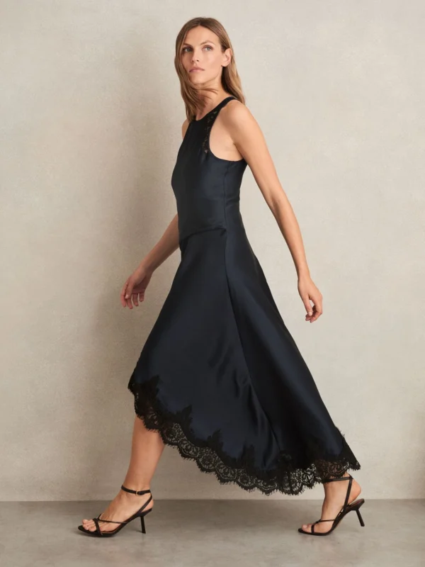 Reiss Navy Satin Drape Lace-trim Dress