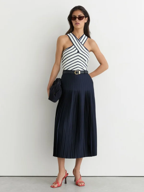 Reiss Navy Satin Pleated Midi Skirt