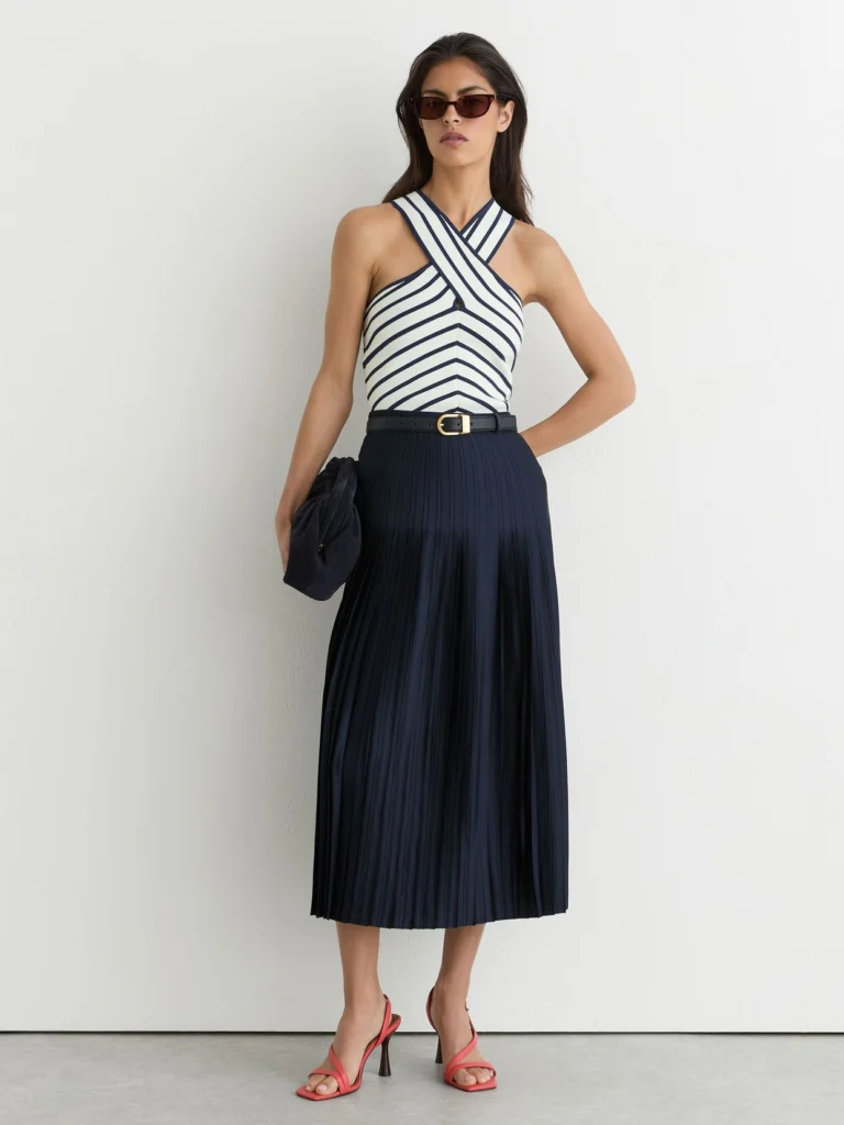 Reiss Navy Satin Pleated Midi Skirt