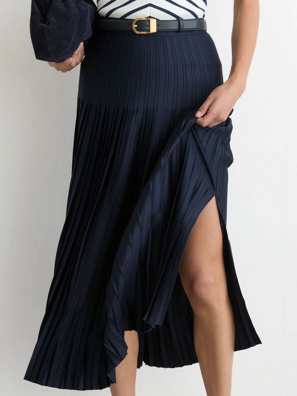 Reiss Navy Satin Pleated Midi Skirt, view 3