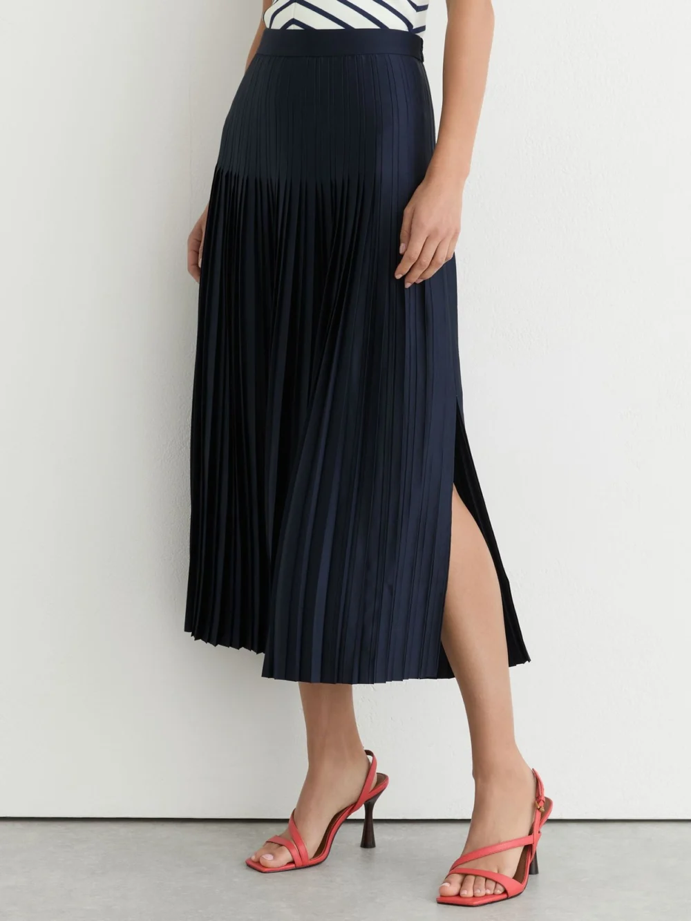 Reiss Navy Satin Pleated Midi Skirt, view 4