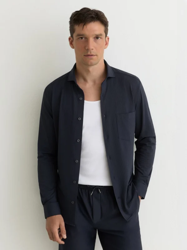 Reiss Navy Seersucker Cutaway-collar Shirt Regular-fit