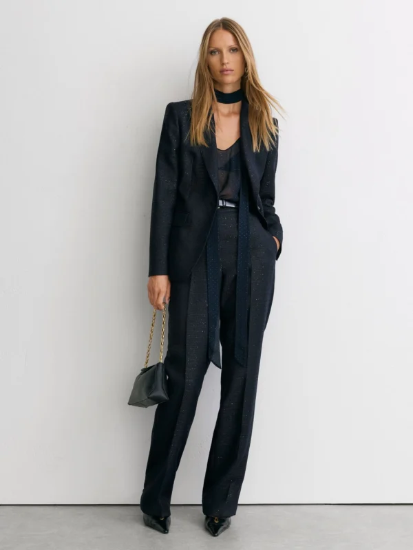 Reiss Navy Sequin-detail Wide-leg Woven Trousers