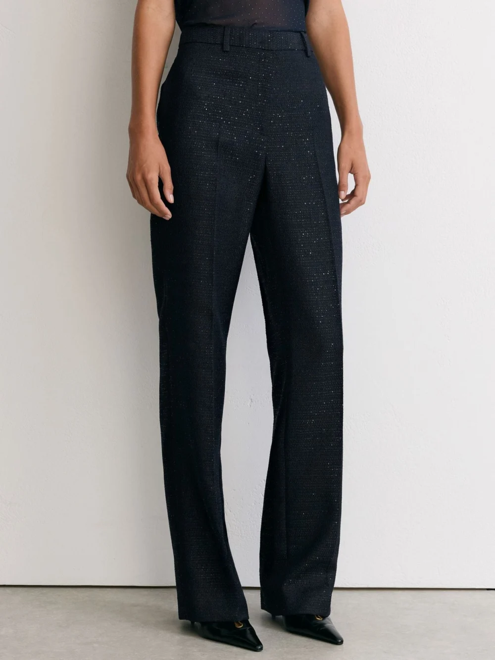 Reiss Navy Sequin-detail Wide-leg Woven Trousers, view 4