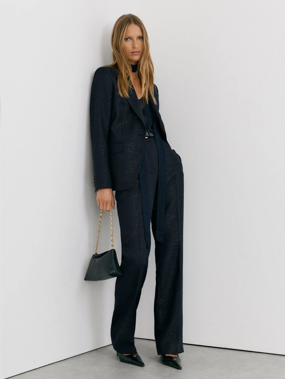 Reiss Navy Sequin-detail Wide-leg Woven Trousers, view 5