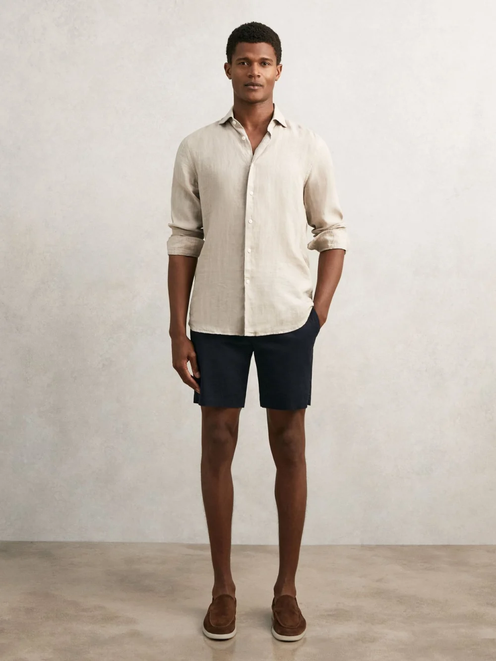 Reiss Navy Short Length Cotton Chino Shorts with Stretch