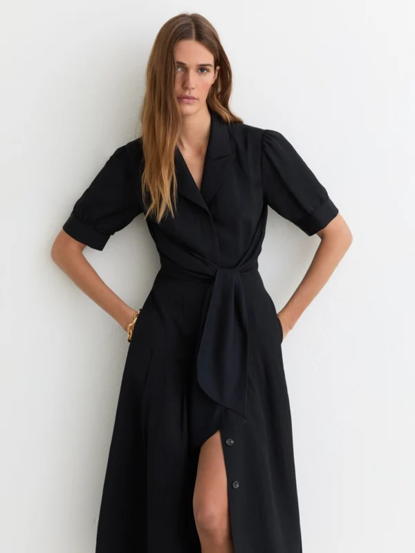 Reiss Navy Short-sleeve Belted Midi Dress with Linen
