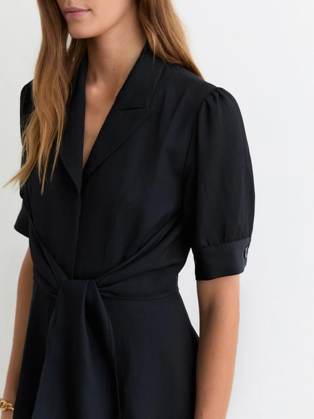 Reiss Navy Short-sleeve Belted Midi Dress with Linen, view 3