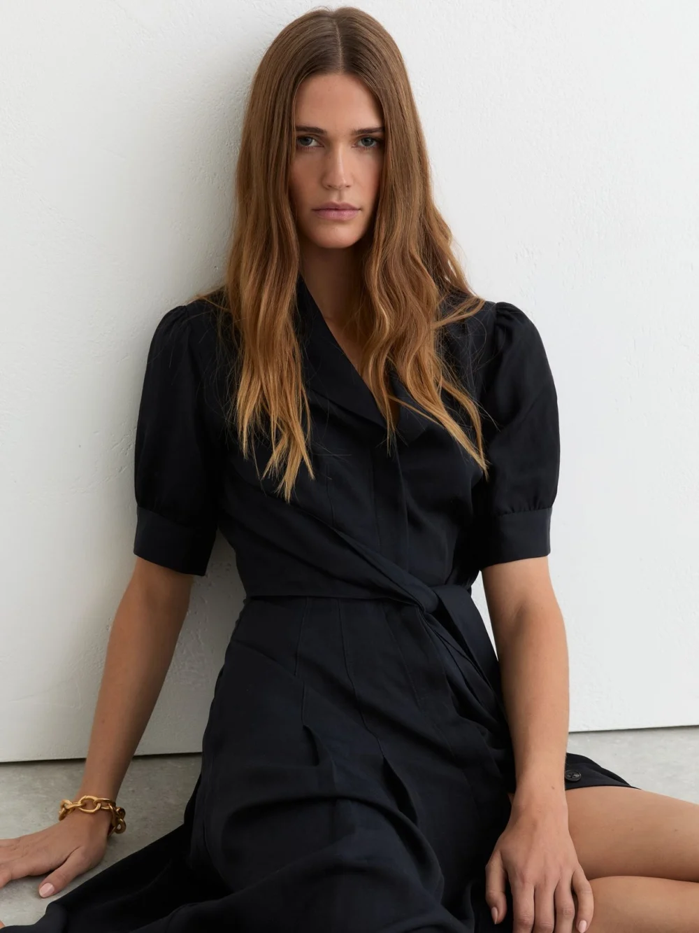 Reiss Navy Short-sleeve Belted Midi Dress with Linen, view 4