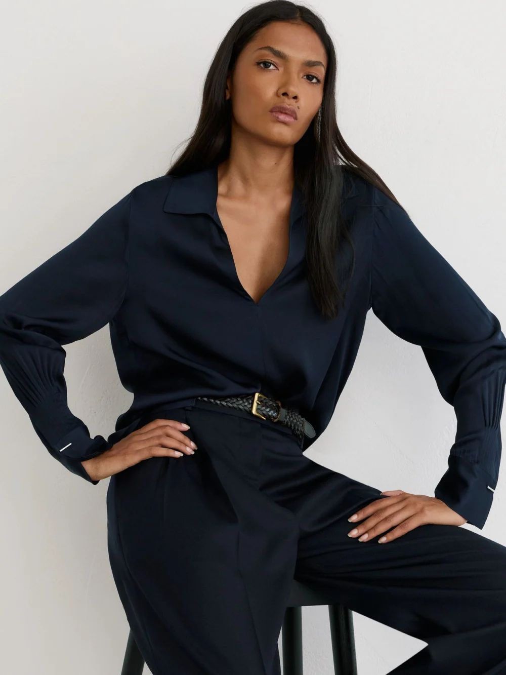 Reiss Navy Silk-blend Open-collar Shirt