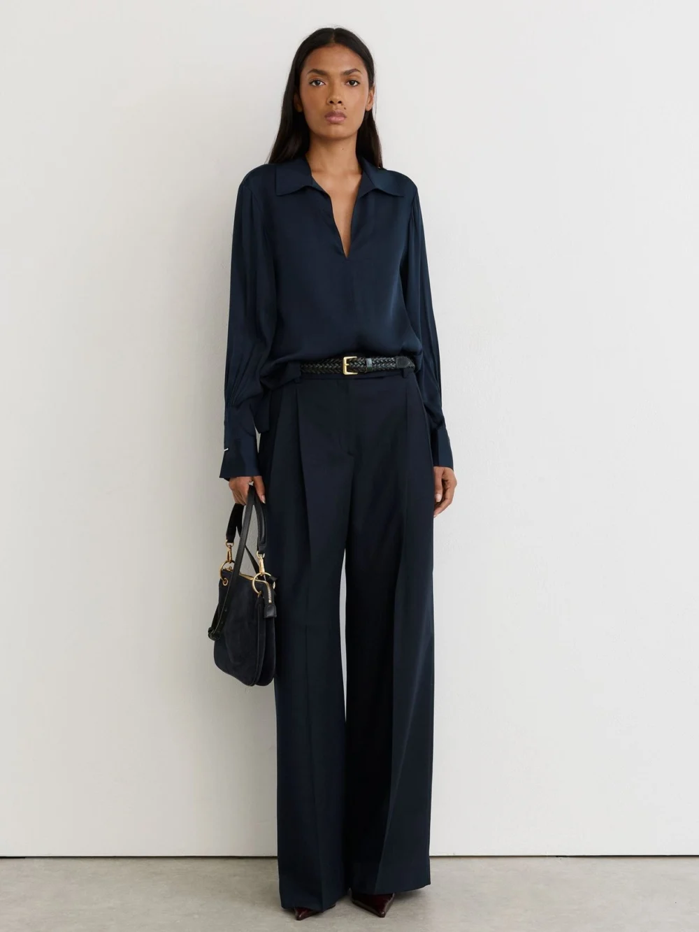 Reiss Navy Silk-blend Open-collar Shirt, view 3