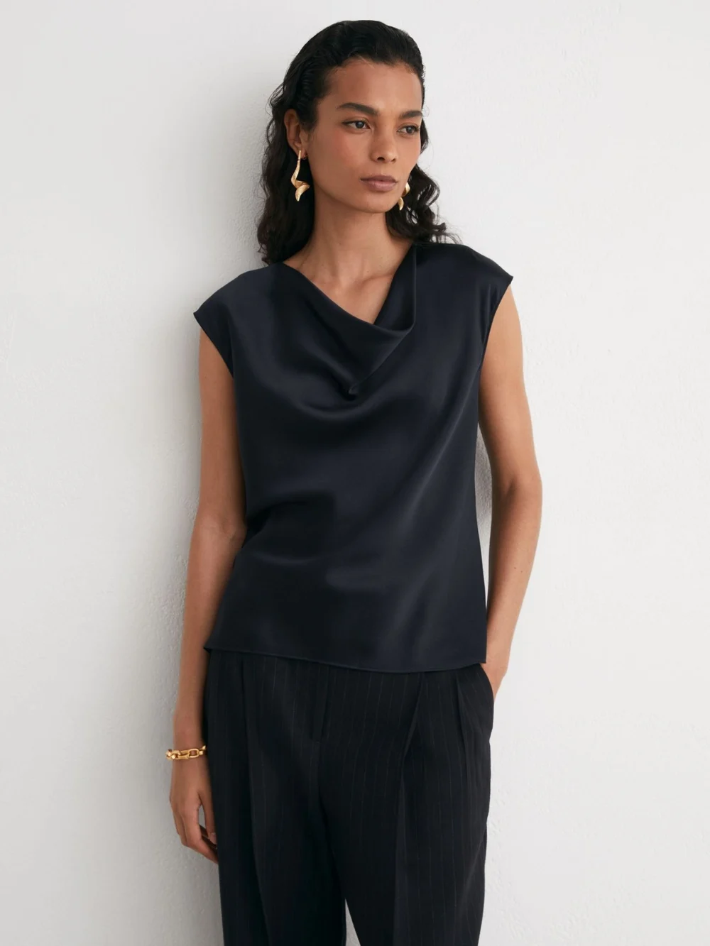 Reiss Navy Silk Cowl-neck Sleeveless Top, view 3