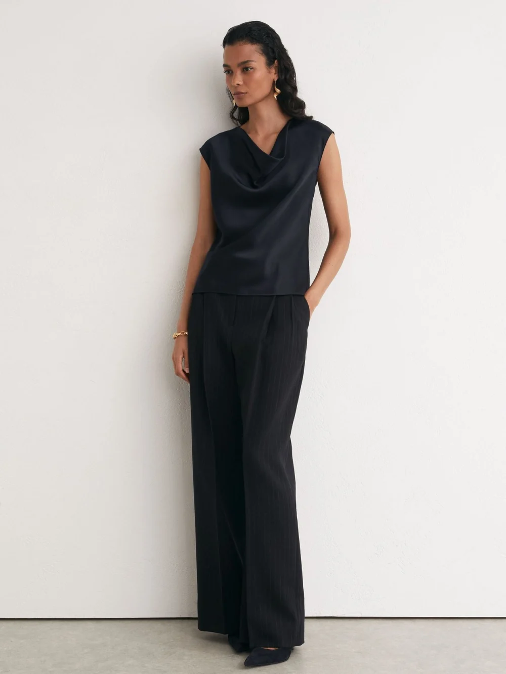 Reiss Navy Silk Cowl-neck Sleeveless Top, view 4