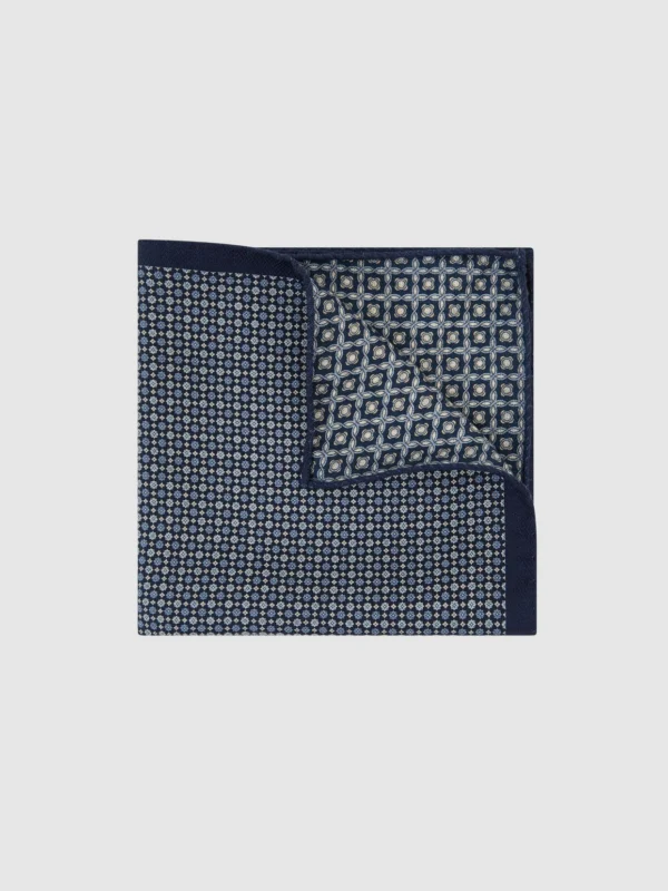 Reiss Navy Silk Geometric Floral-print Pocket Square,