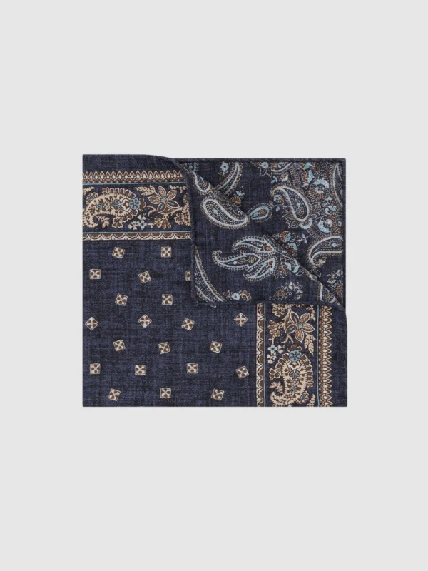 Reiss Navy Silk Square-medallion Paisley Pocket Square