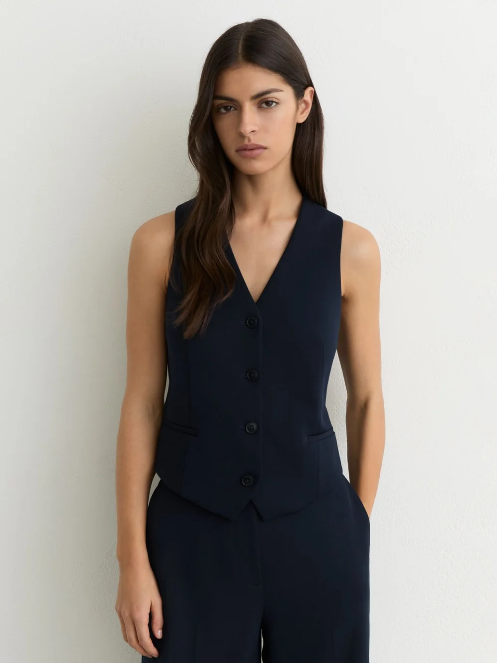 Reiss Navy Single-breasted Twill Waistcoat, view 3