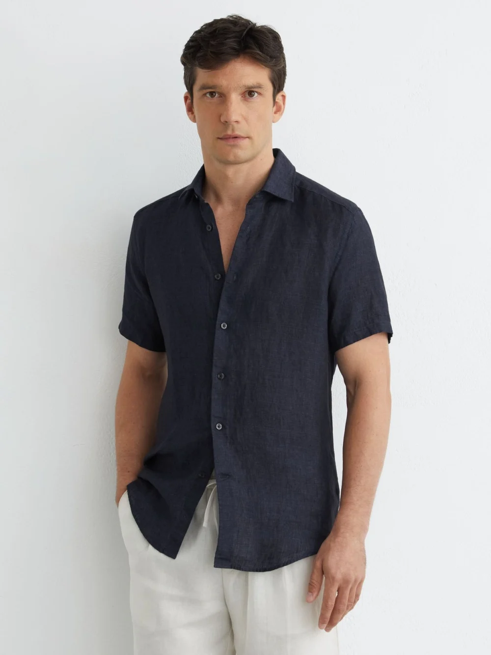 Reiss Navy Slim Fit Linen Button-through Shirt, view 6