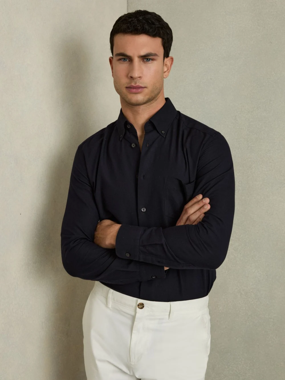 Reiss Navy Soft Wash Button Down Oxford Shirt, view 2