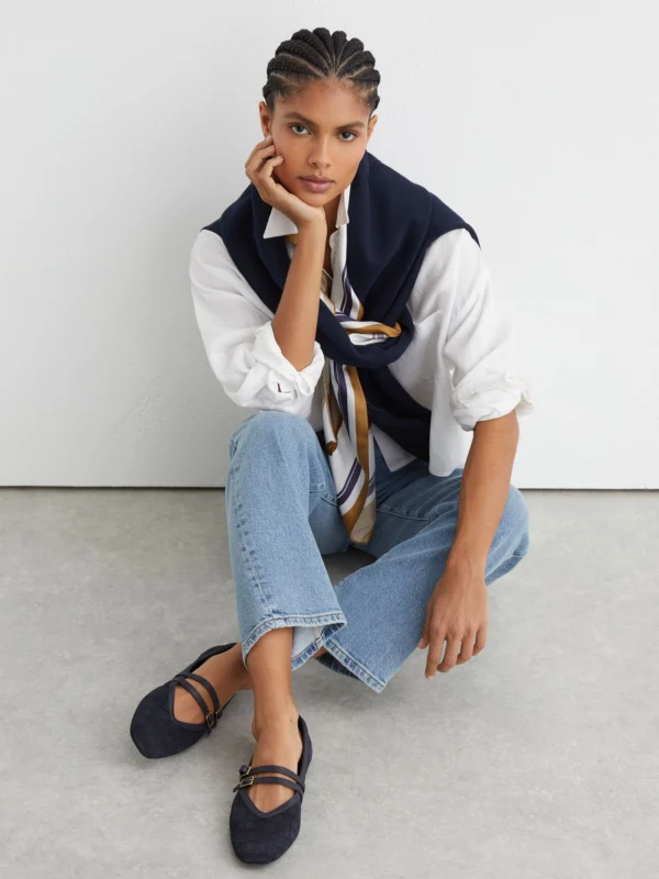 Reiss Navy Suede Croc-embossed Ballet Flats