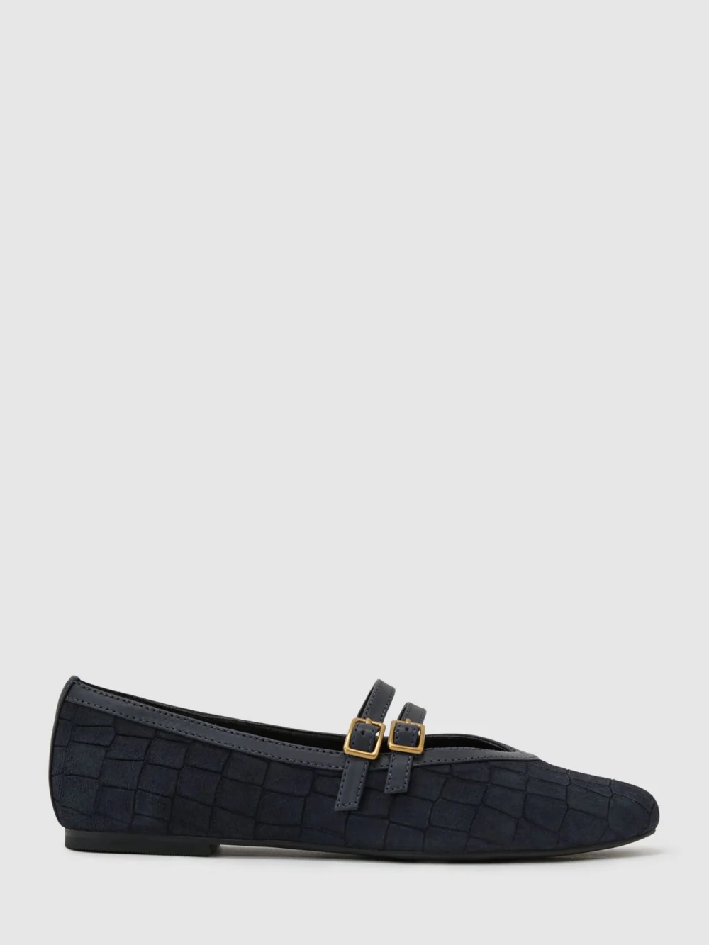 Reiss Navy Suede Croc-embossed Ballet Flats, view 2