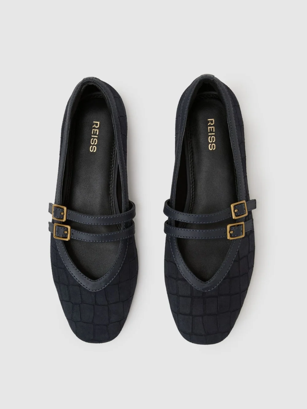 Reiss Navy Suede Croc-embossed Ballet Flats, view 3