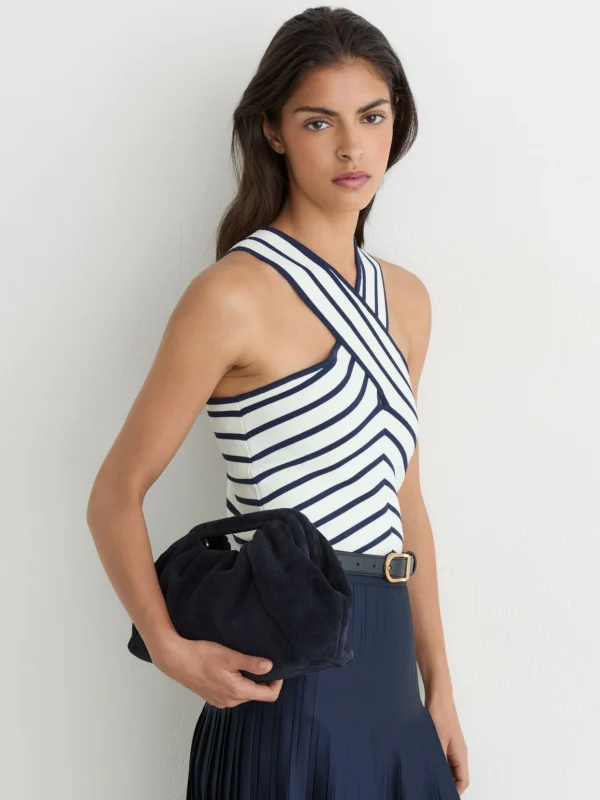 Reiss Navy Suede Cut-out Handle Pouch Clutch Bag,