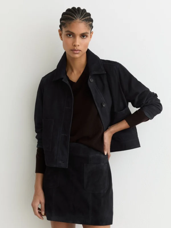 Reiss Navy Suede Patch-pocket Mini Skirt