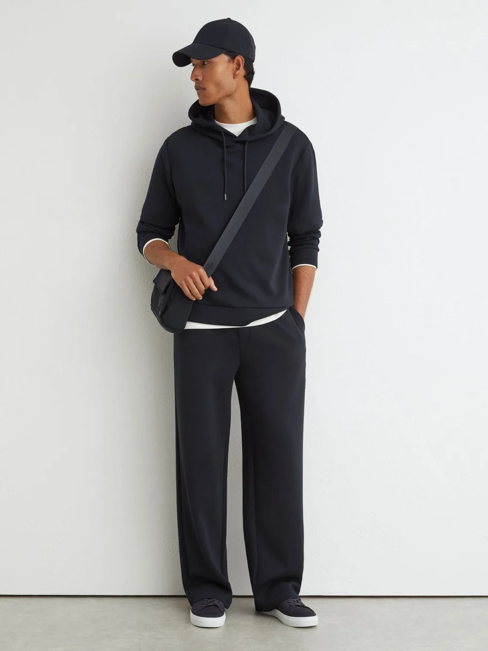 Reiss Navy Sueded Interlock Jersey Hoodie, view 3
