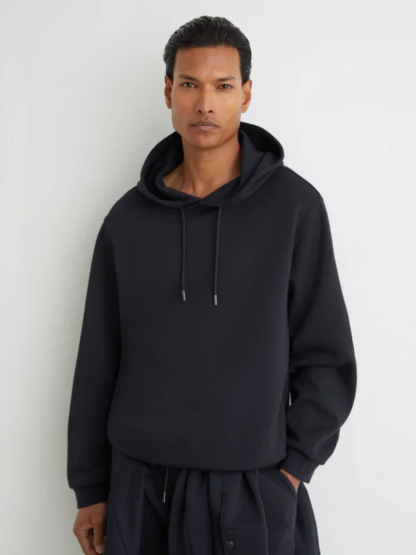 Reiss Navy Sueded Interlock Jersey Relaxed-fit Hoodie