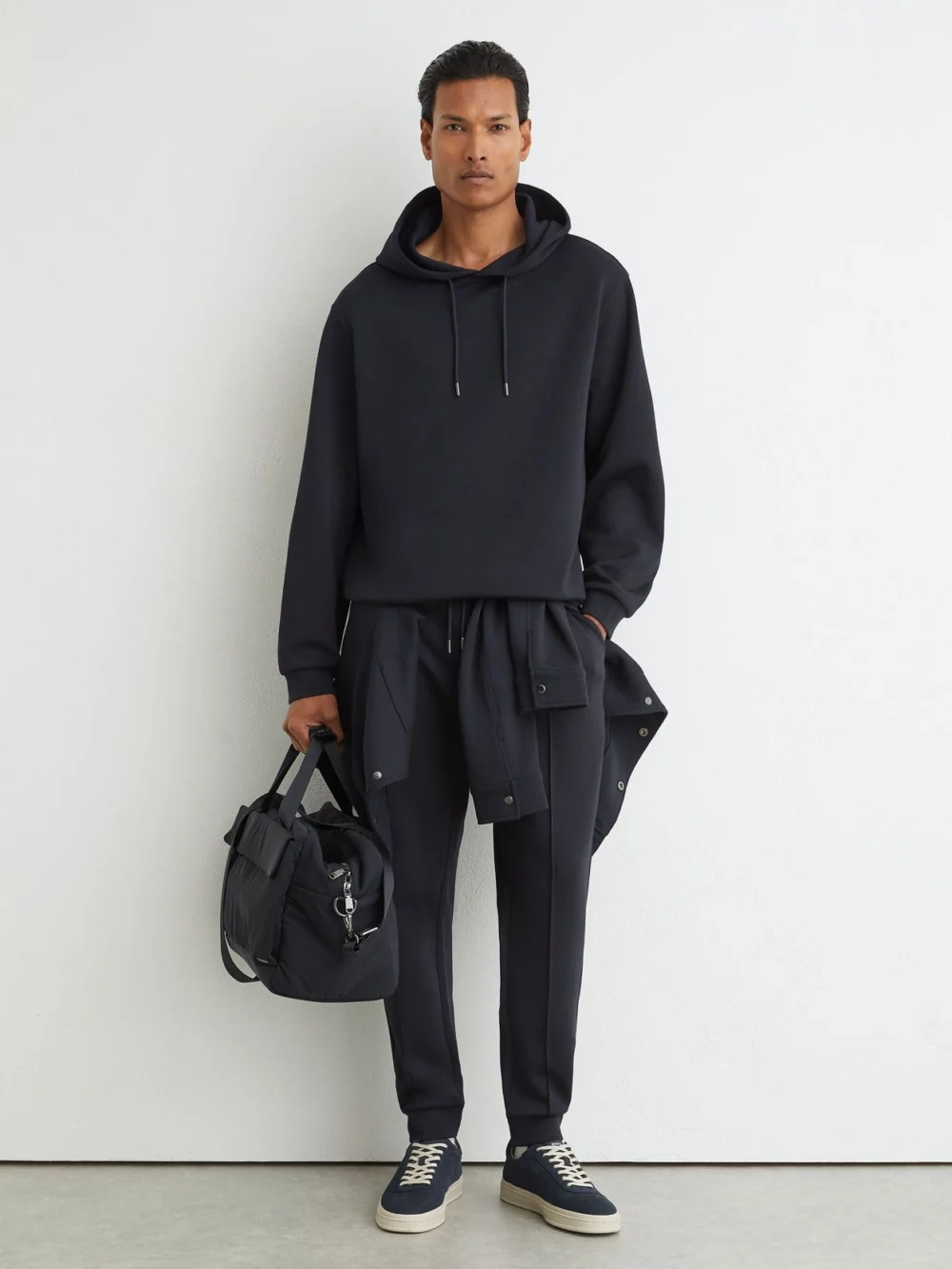 Reiss Navy Sueded Interlock Jersey Relaxed-fit Hoodie, view 3