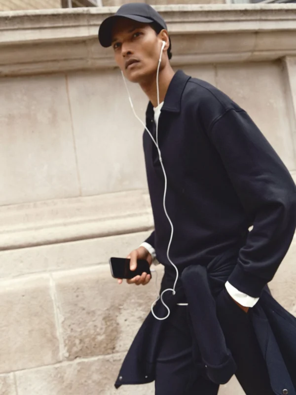 Reiss Navy Sueded Interlock Jersey Relaxed Polo Sweatshirt