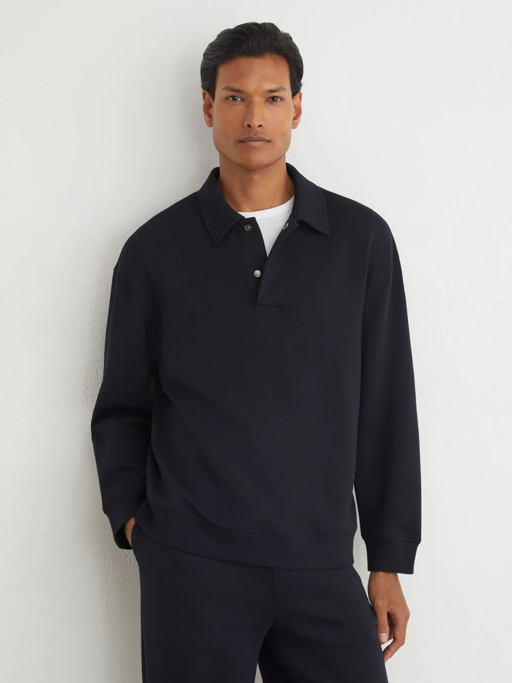 Reiss Navy Sueded Interlock Jersey Relaxed Polo Sweatshirt, view 4