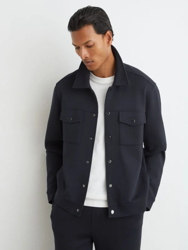 Reiss Navy Sueded Interlock Jersey Twin-pocket Overshirt