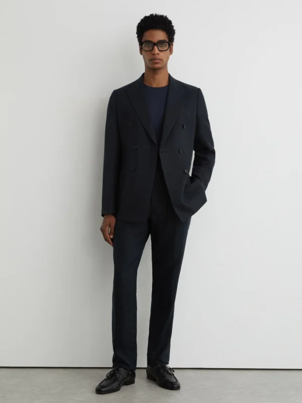 Reiss Navy Tailored Fit Linen Trousers