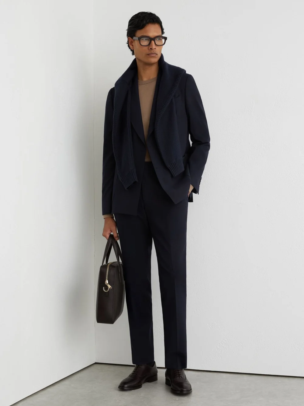 Reiss Navy Tailored Fit Textured Suit Trousers with Wool