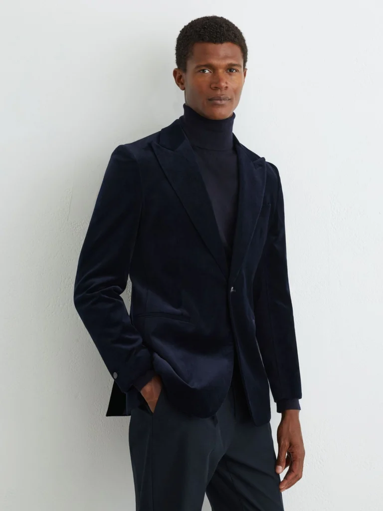 Reiss Navy Tailored Fit Velvet Single-breasted Blazer