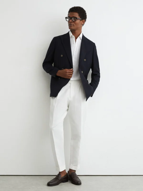 Reiss Navy Tailored Fit Wool Herringbone Double-breasted Blazer