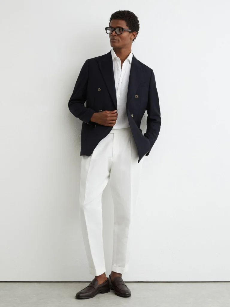 Reiss Navy Tailored Fit Wool Herringbone Double-breasted Blazer