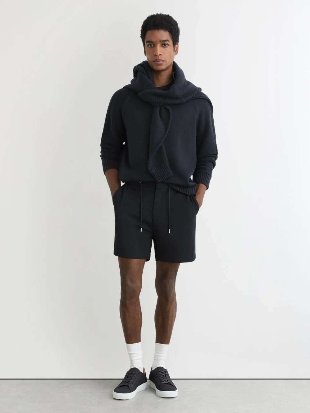 Reiss Navy Textured Drawstring Shorts, view 3