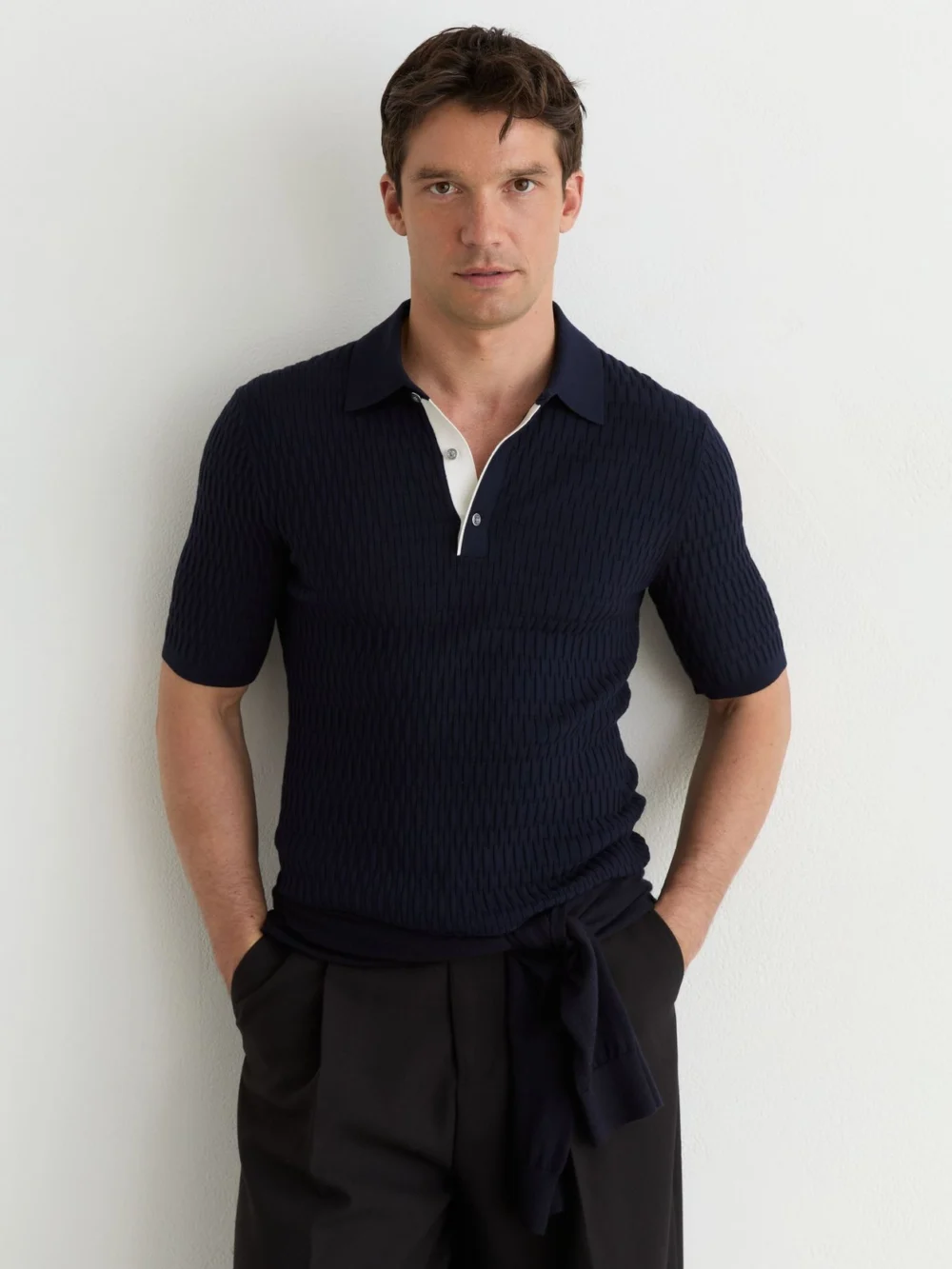 Reiss Navy Textured-knit Half-button Polo Shirt