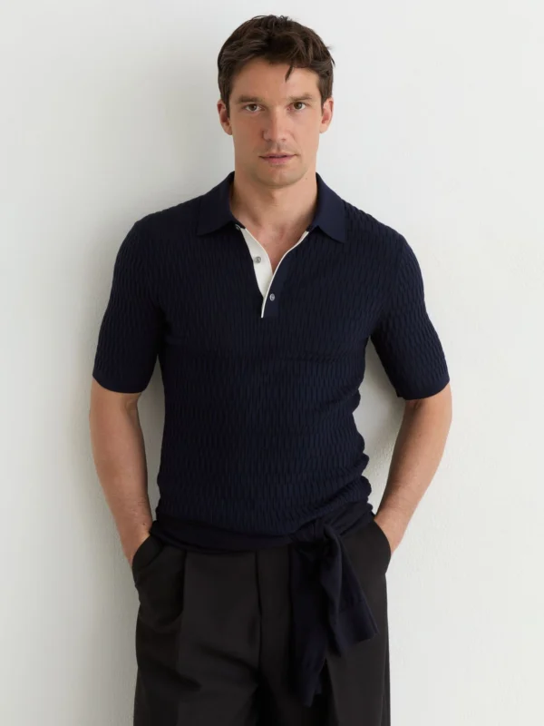 Reiss Navy Textured-knit Half-button Polo Shirt