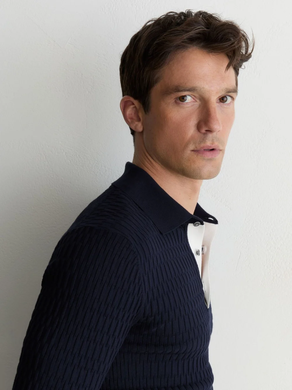 Reiss Navy Textured-knit Half-button Polo Shirt, view 3