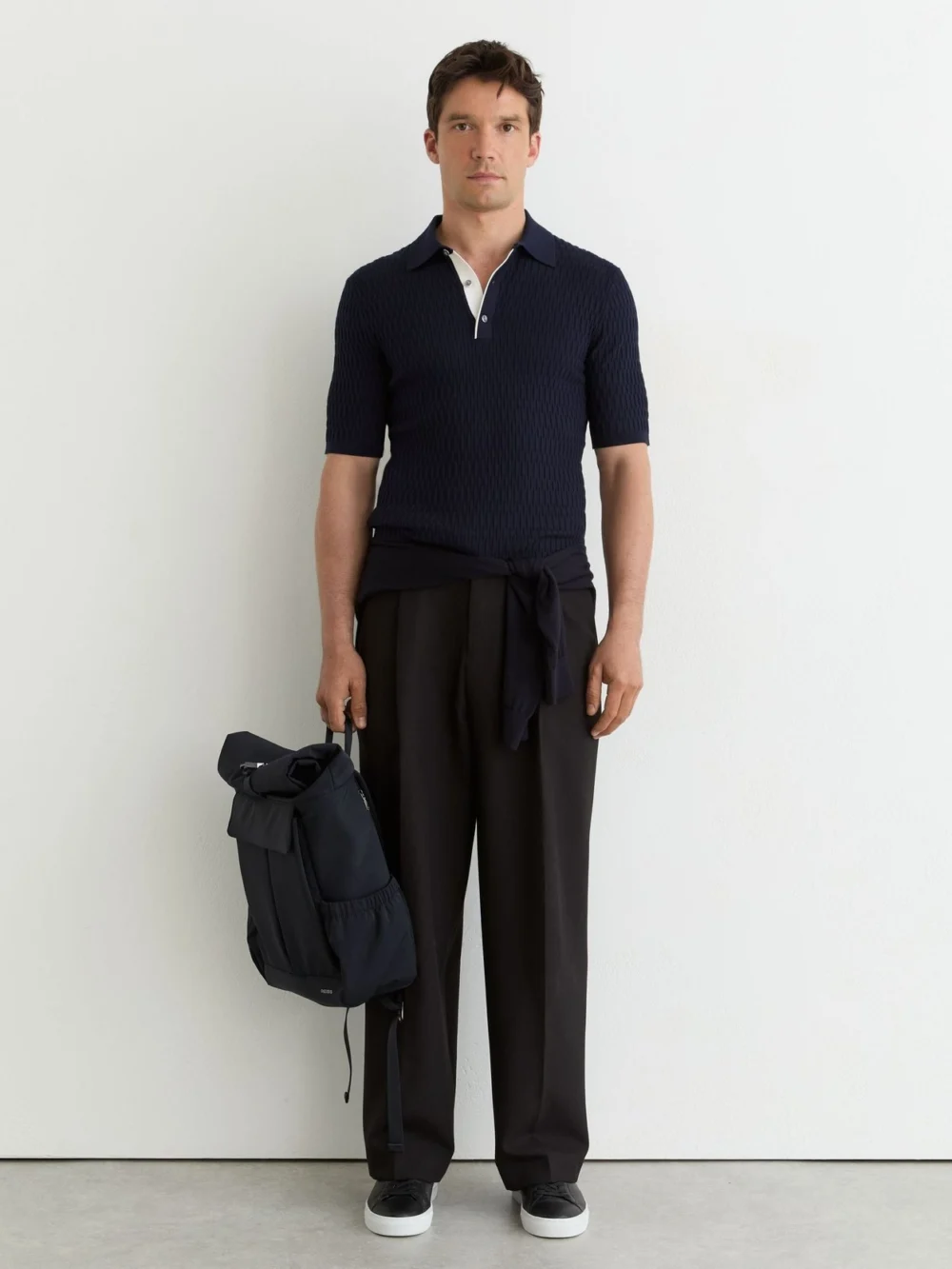 Reiss Navy Textured-knit Half-button Polo Shirt, view 4