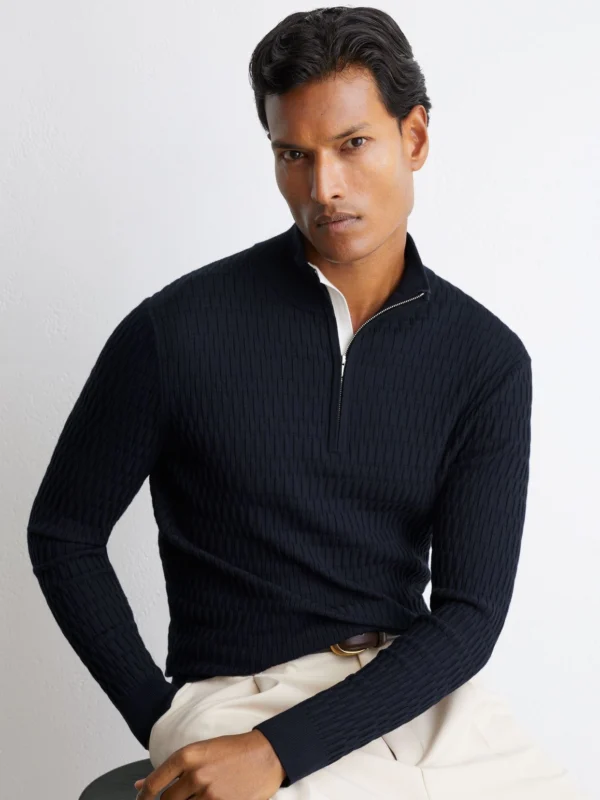 Reiss Navy Textured-knit Half-zip Jumper