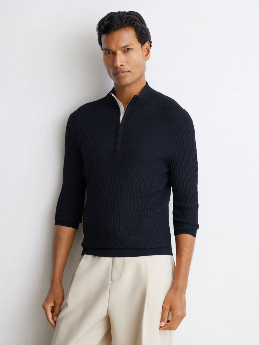 Reiss Navy Textured-knit Half-zip Jumper, view 3