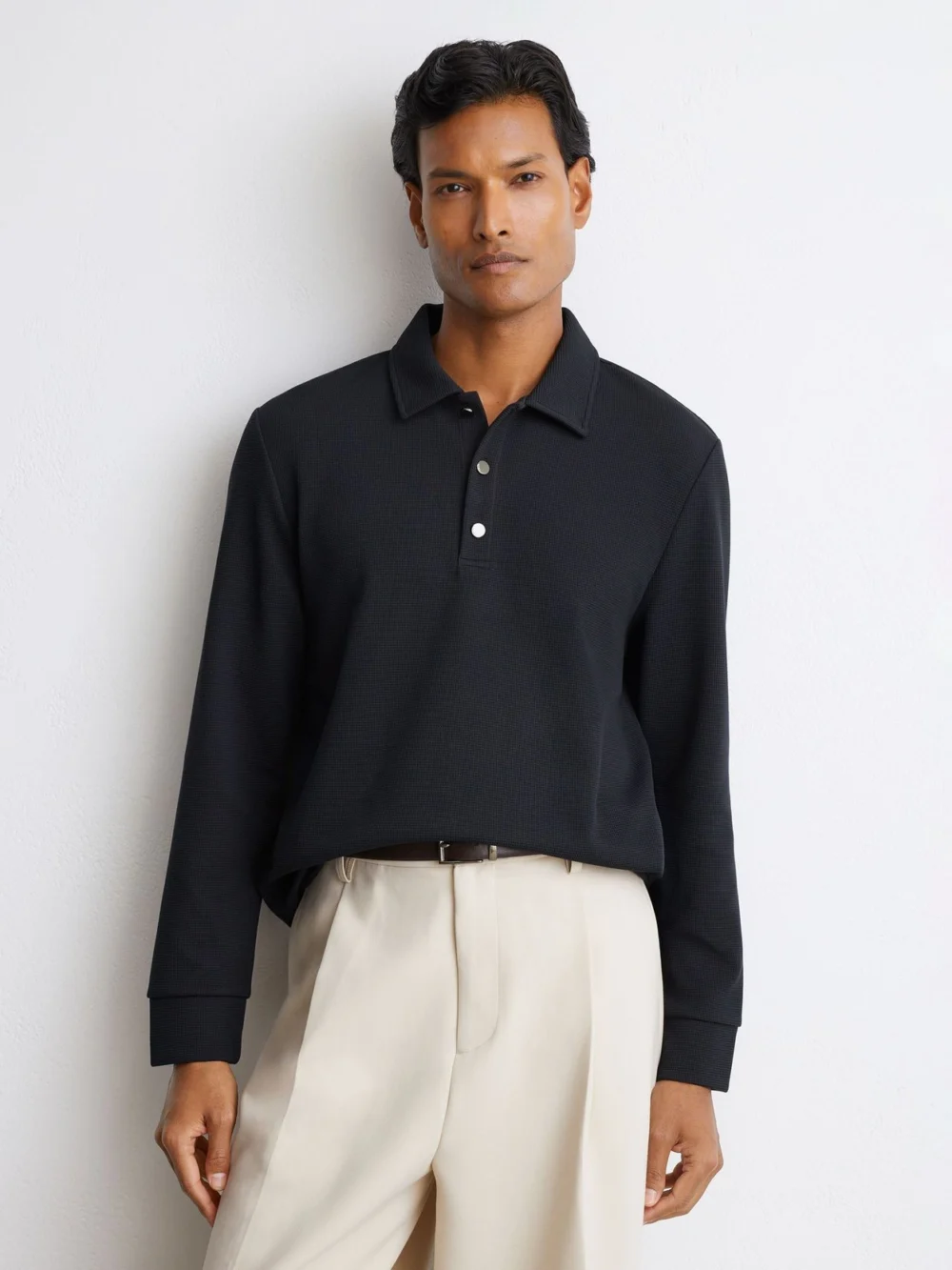 Reiss Navy Textured Long-sleeve Polo Shirt