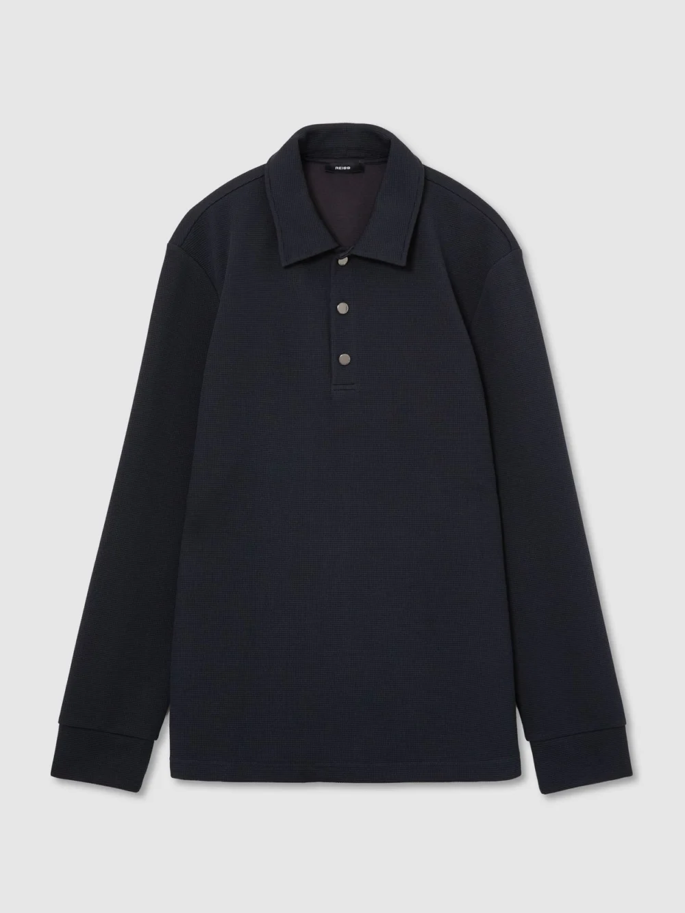 Reiss Navy Textured Long-sleeve Polo Shirt, view 2