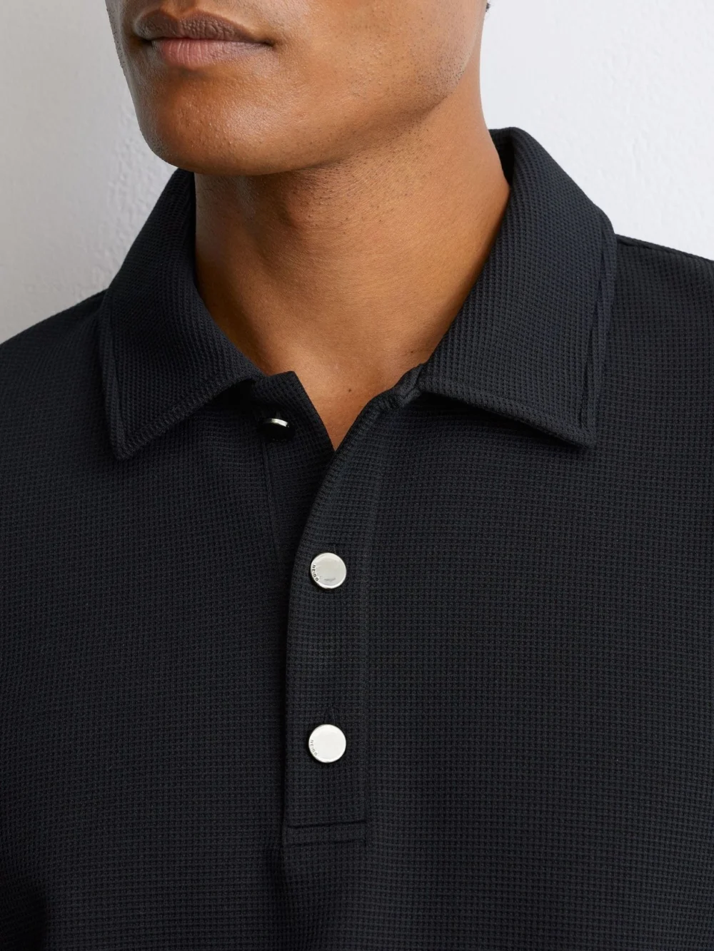 Reiss Navy Textured Long-sleeve Polo Shirt, view 3