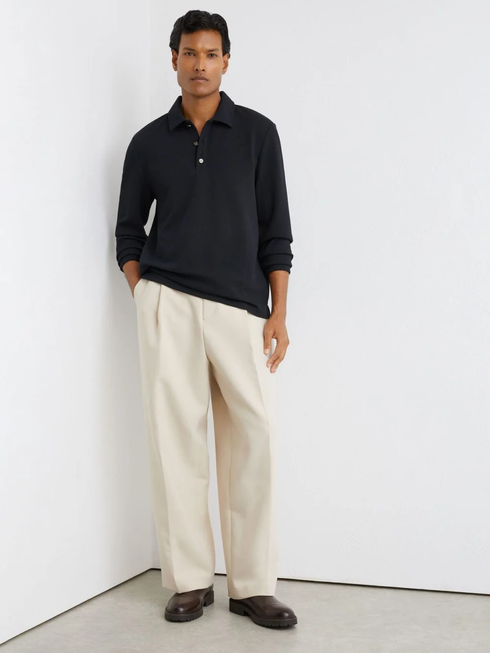 Reiss Navy Textured Long-sleeve Polo Shirt, view 4